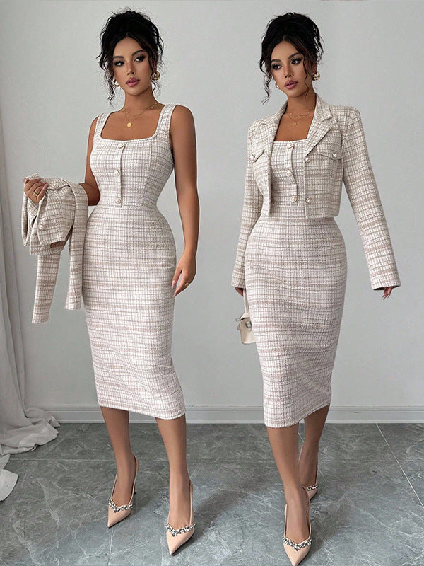 Women's Clothing Skirts Suit Lapel Long Sleeve Short Plaid Jacket