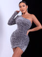Fashionable Sequin One-shoulder Long-sleeve Bodycon Dress