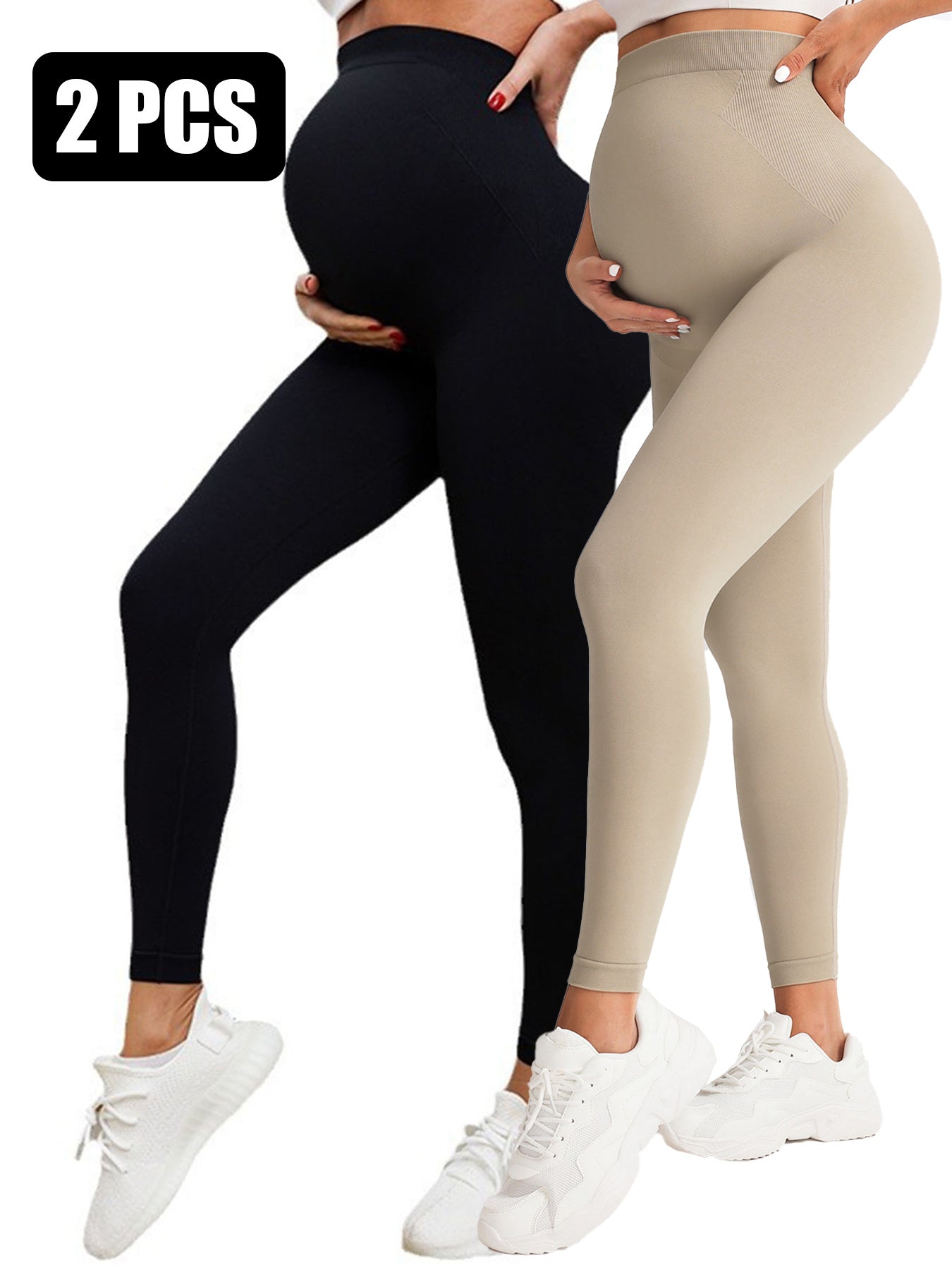 2 Pack  Maternity High-Waisted Seamless Yoga Pants For Women - Tummy Support Fitness Leggings