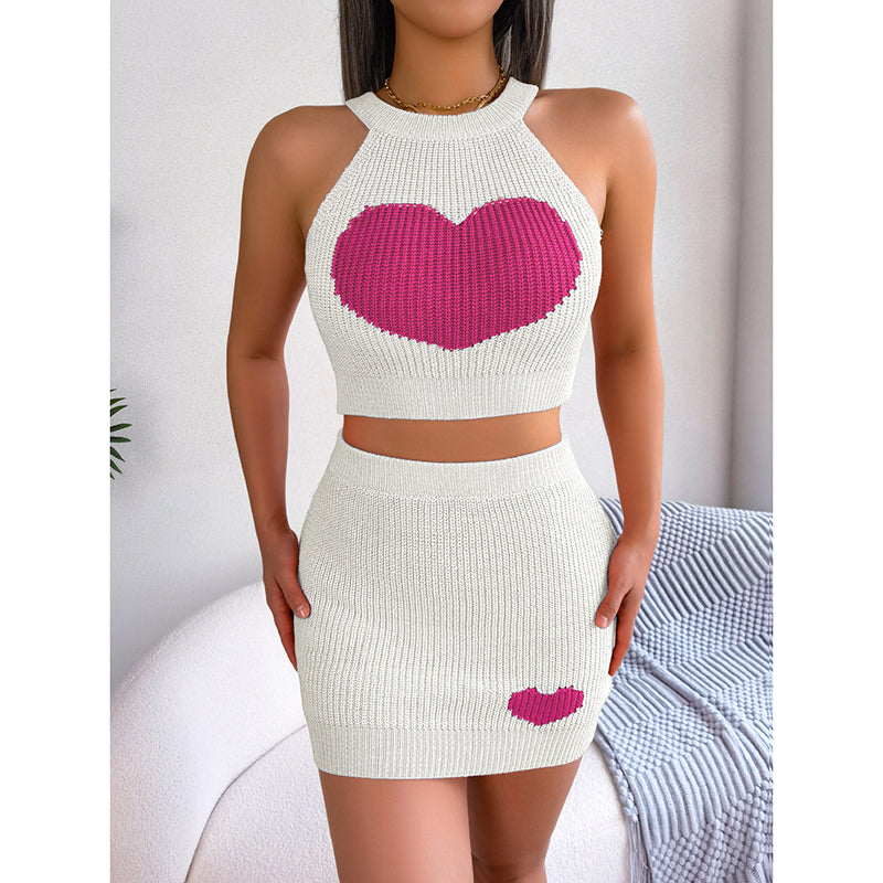 Women's 2 Piece Heart Knit Outfits Backless Halter Crop Tops & Mini Bodycon Skirt