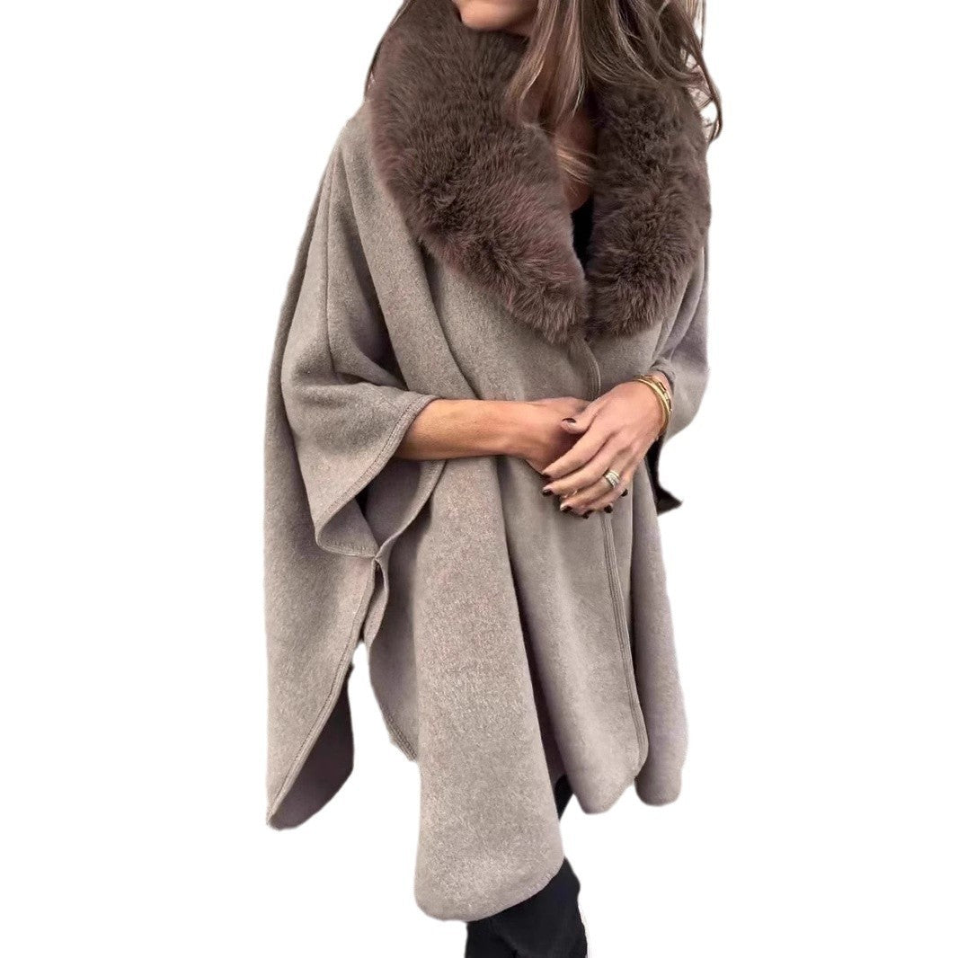 Women's Loose Long Sleeve Large Lapel Fur Collar Cape Coat