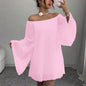 Womens Solid-Color Pleated French-Style Minimalist Off-Shoulder Dress
