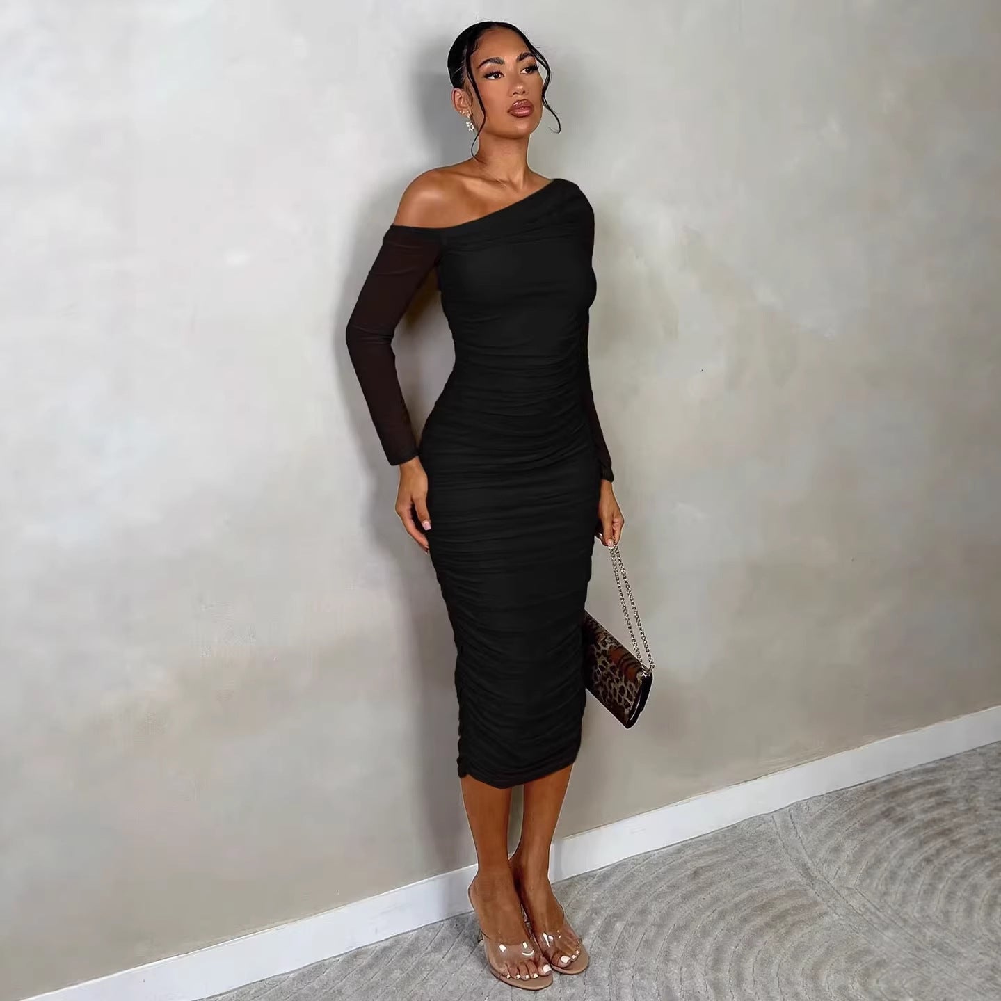 One-Shoulder Mesh Long-Sleeve Pleated Bodycon Dress