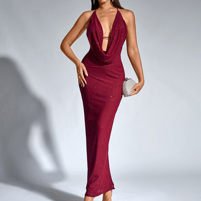 Sexy Backless Boat-neckline Halter Strap Slit Maxi Dress