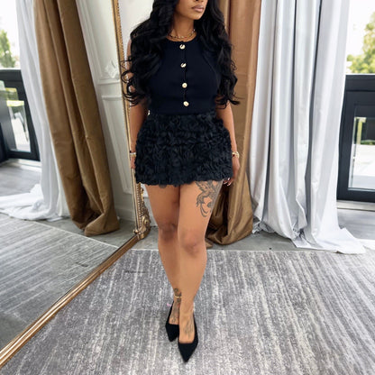 Womens Sleeveless Top With 3D Floral Design And A Figure hugging Midi Skirt