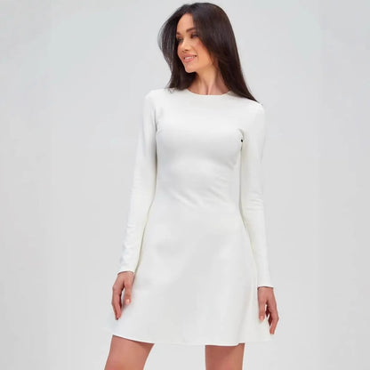 Solid Color Casual Office Round Neck Waist Long Sleeve Knitted Dress