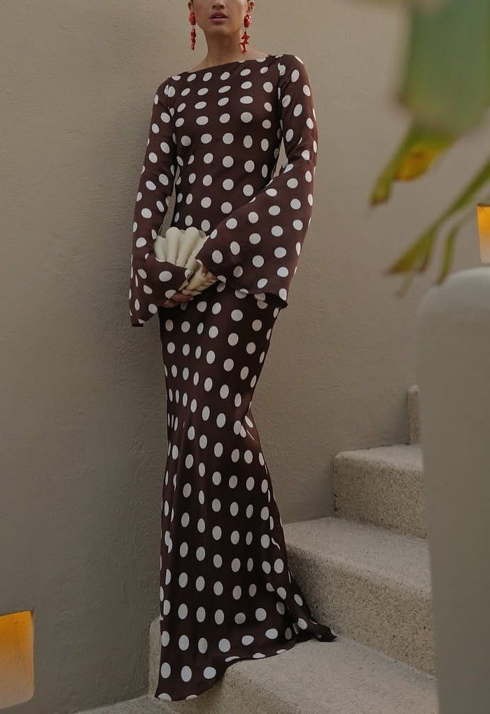 Polka-dot Round-neck Long-sleeve Flared-sleeve Dress