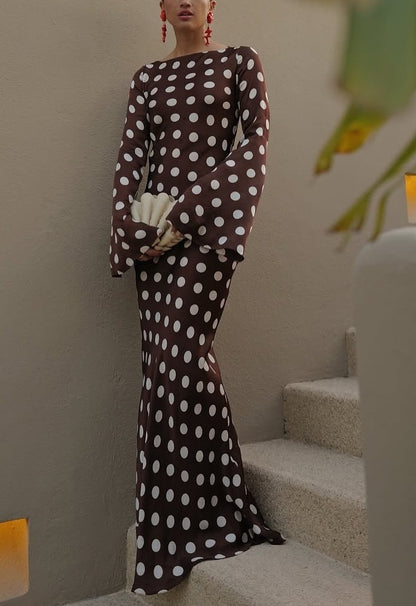 Polka-dot Round-neck Long-sleeve Flared-sleeve Dress