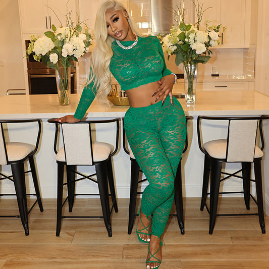 Sexy Lace Long Sleeve Casual Pants Two-piece Set