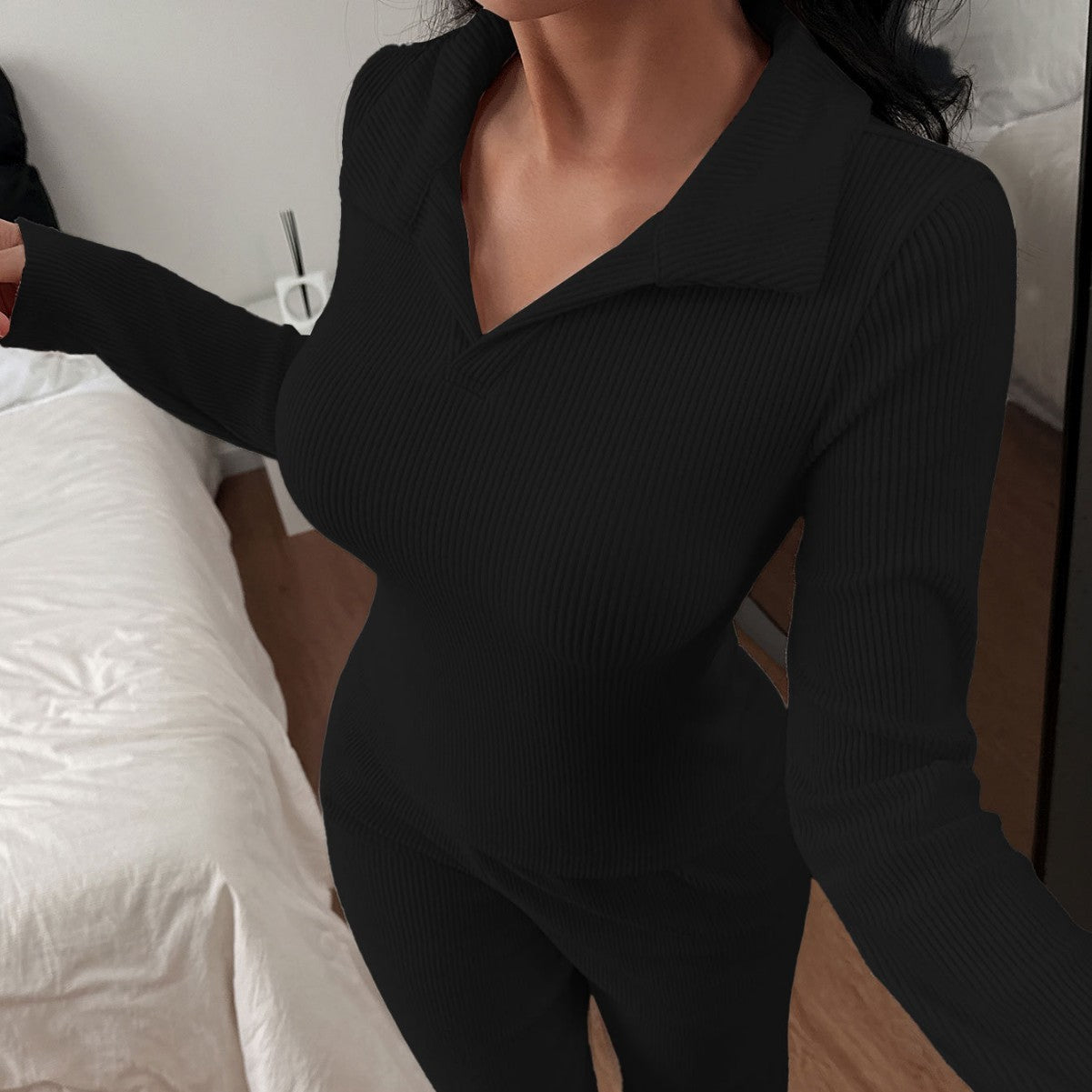 New Knitted Polo Collar Long-sleeved Casual Trousers Pajamas Homewear Suit