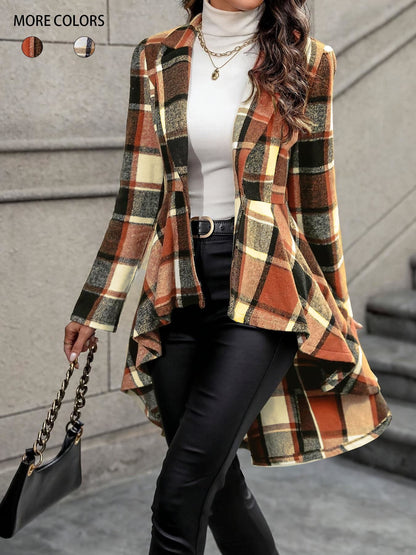 Plaid Pattern Button Front Jacket Long Sleeve High And Low Flared Jacket