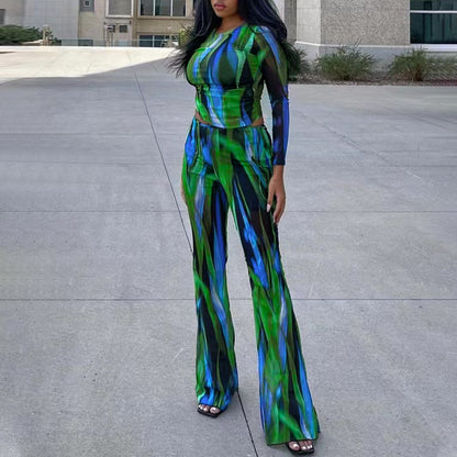 Printed Long Sleeve T-shirt And Wide-leg Pants Two-piece Set
