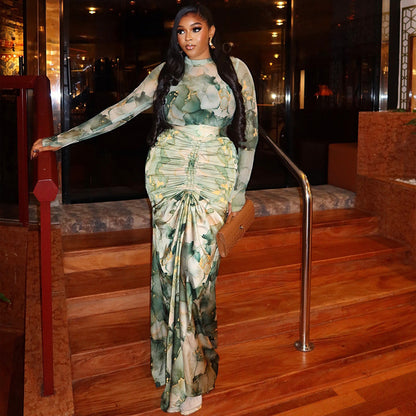 Printed Waist-wrapped Slim Fit Skirt Pleated Dress High Collar Two-piece Set