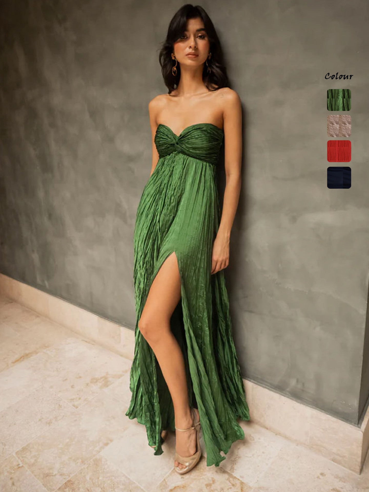 Split Hem Pleated Off Shoulder Mid Length Dress