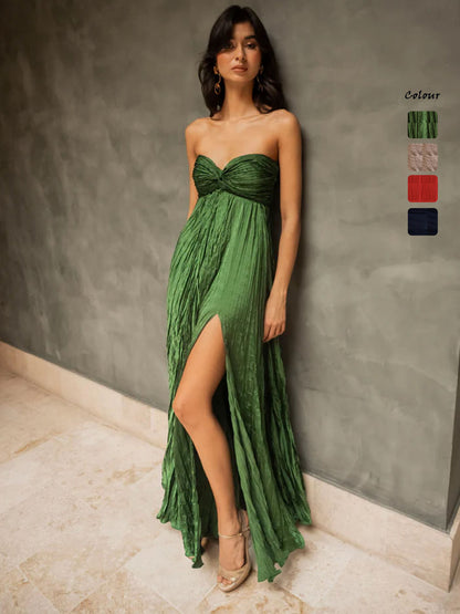 Split Hem Pleated Off Shoulder Mid Length Dress