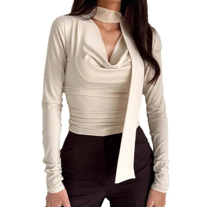 Retro Slim Ribbon Long Sleeve T-shirt For Women