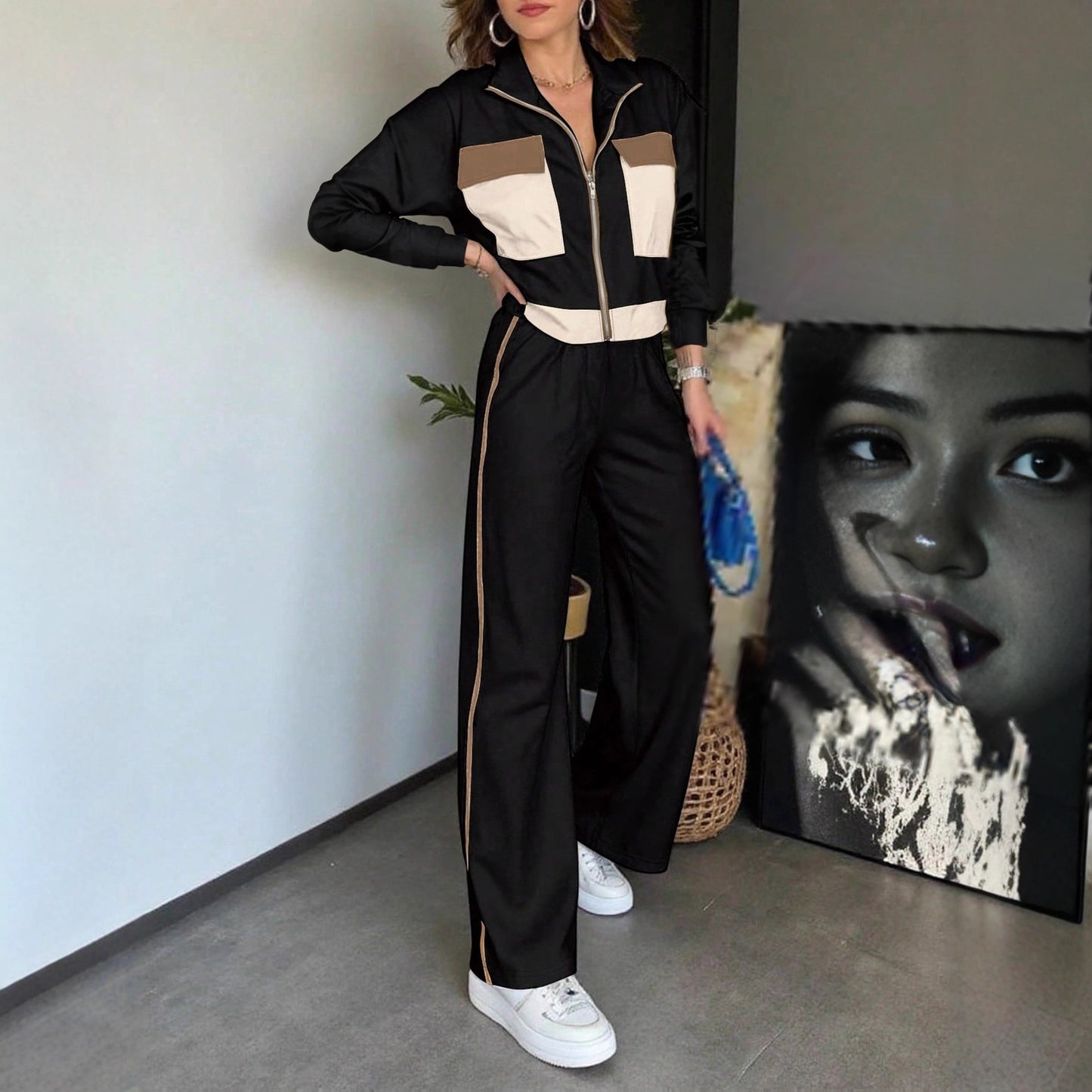 Color Matching Long Sleeve Top Elastic Waist All-matching Straight Trousers Ladies Two-piece Set