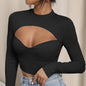 Sexy Slim-fit Hollow-out Bust Cup Short High-neck Long-sleeve Top For Women