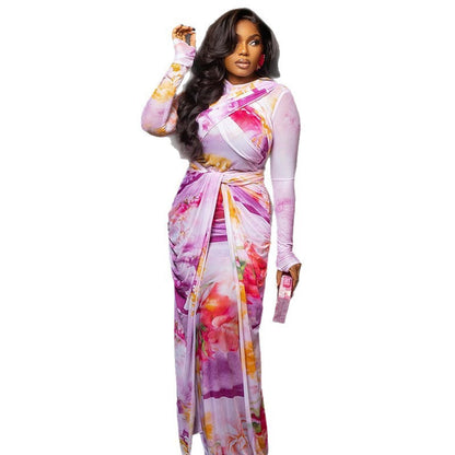 Slim-fit Wrap Bodycon Pleated Long-sleeve Dress