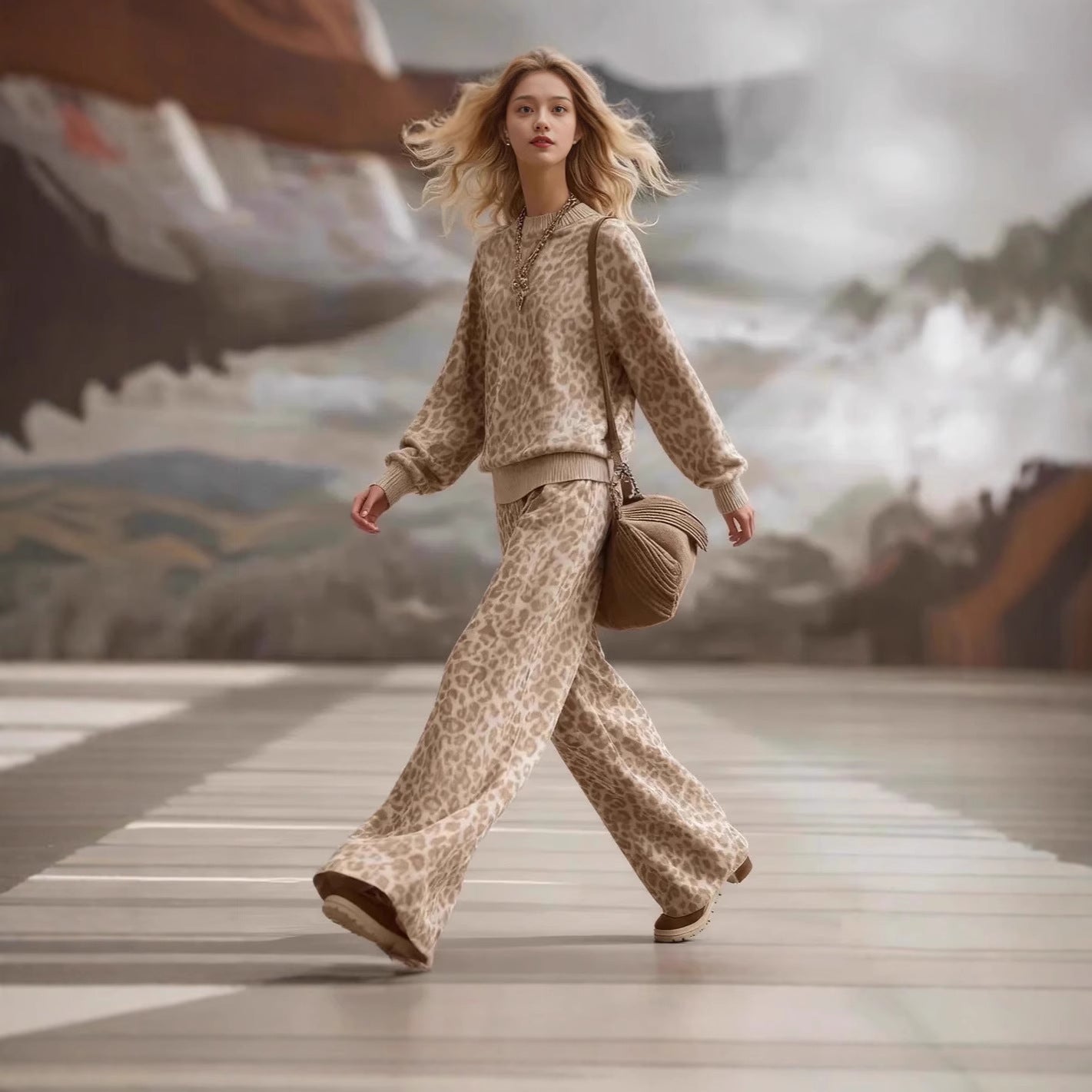 Women's Retro Casual Light Brown Leopard Print Long Sleeve Slim Fit Sweatsuit