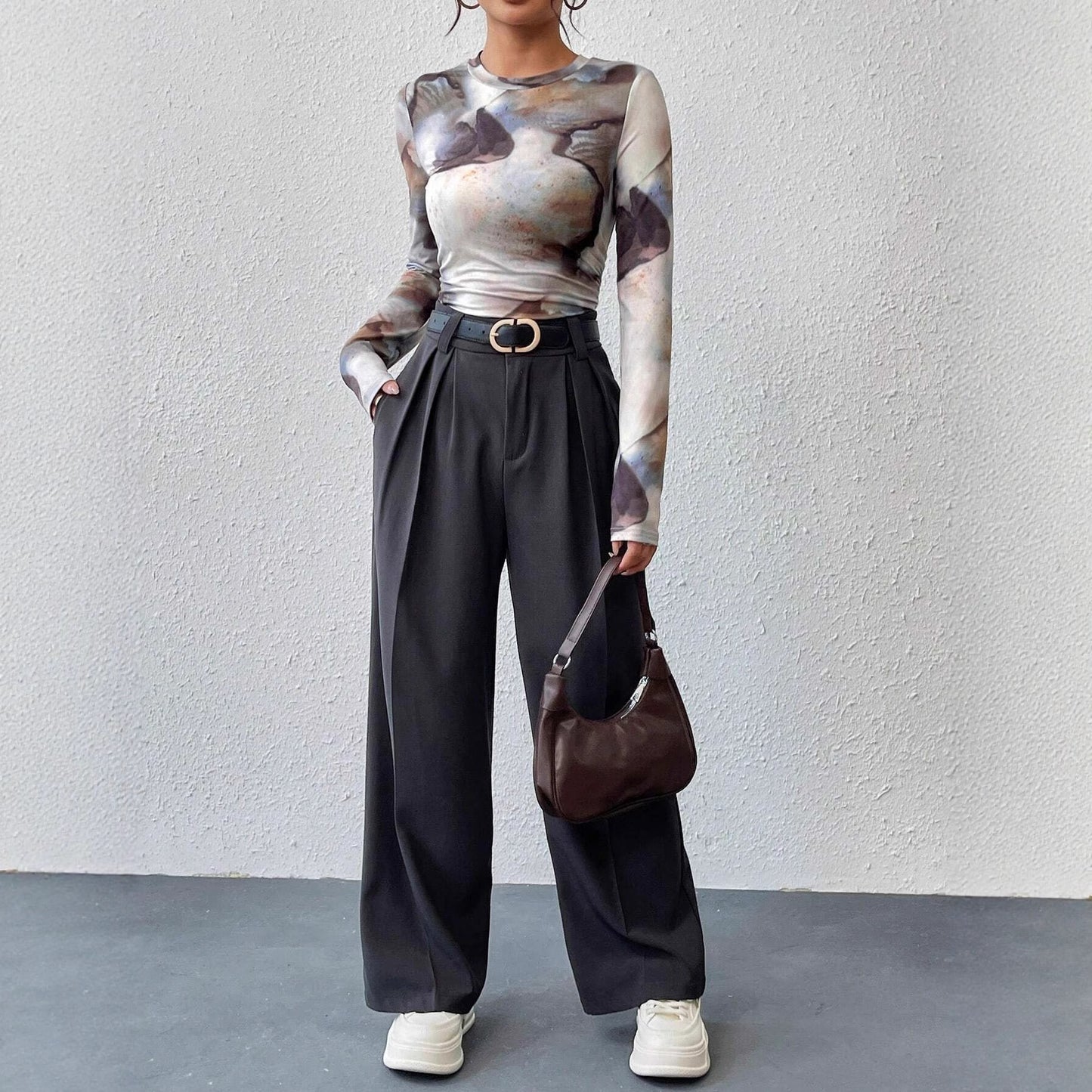 Ink-wash Retro Print Women's Slim-fit Versatile Stylish Top