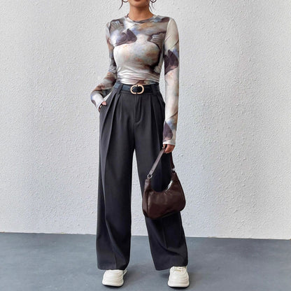 Ink-wash Retro Print Women's Slim-fit Versatile Stylish Top