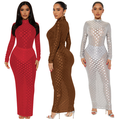 Fashionable Mesh Plaid Dress For Women