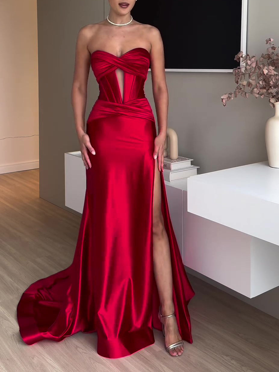 Red Tube Top Slit Evening Dress - Extra Long Maxi Gown