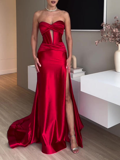 Red Tube Top Slit Evening Dress - Extra Long Maxi Gown