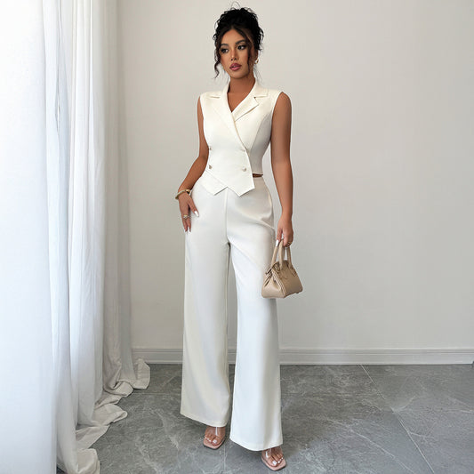 Elegant Waist-cinching Top Paired With A Flowy Wide-leg Pantsuit