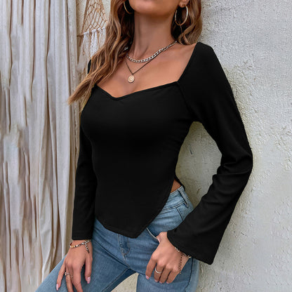 Women's Elegant Commuting Slim-fit Irregular Flared Sleeve Short Long-sleeved Top