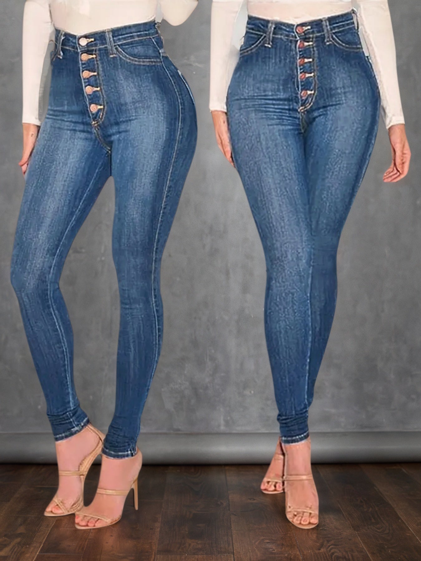 Women's Mid Blue High Waisted Buckle Tight Jeans Are Comfortable To Wear. High Waist Design, Buckle Design Adds A Sense Of Fashion,