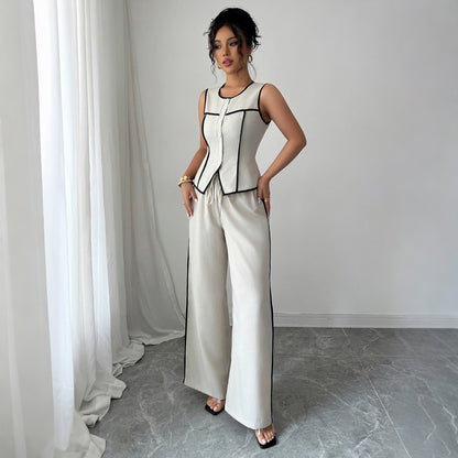 Casual Elegant Button Vest Wide Leg Pants Two-Piece Set Women