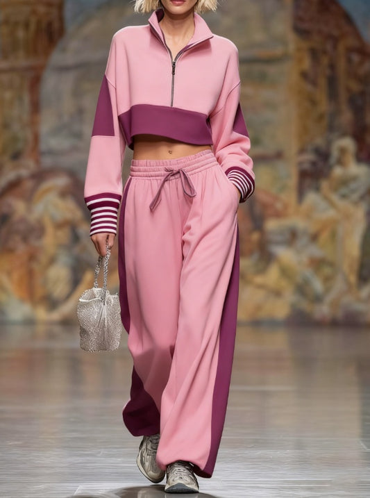 Short-sleeved Stand-collar Zippered Sweater With Wide-leg Pants Two-piece Set