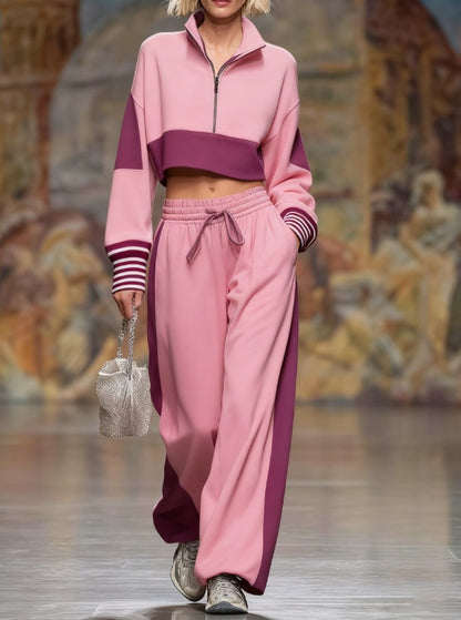 Short-sleeved Stand-collar Zippered Sweater With Wide-leg Pants Two-piece Set