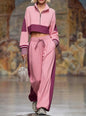 Short-sleeved Stand-collar Zippered Sweater With Wide-leg Pants Two-piece Set