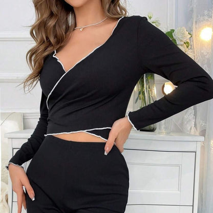 Women's Sexy V-neck Long-sleeve Pants With Straps Pajamas