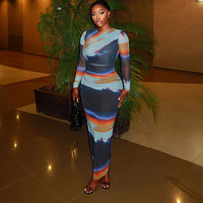 Printed Slim-fit Round-neck Long-sleeve Bodycon Dress For Women