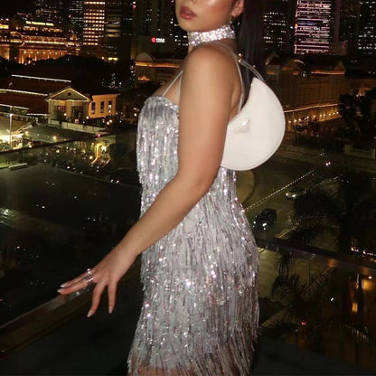 Sheath Sleeveless Sexy Suspenders Sequined Glitter Tassel Dress