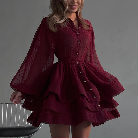 Lapel-collar Long-sleeve Single-breasted Button-up Belted Shirt Dress
