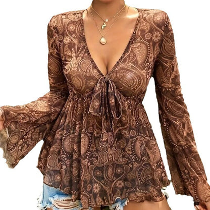 New Versatile Mesh Printed Deep V-neck Slim-fit Long Sleeve Top