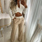 V Neck Midriff Outfit Long Sleeve High Waist Suit