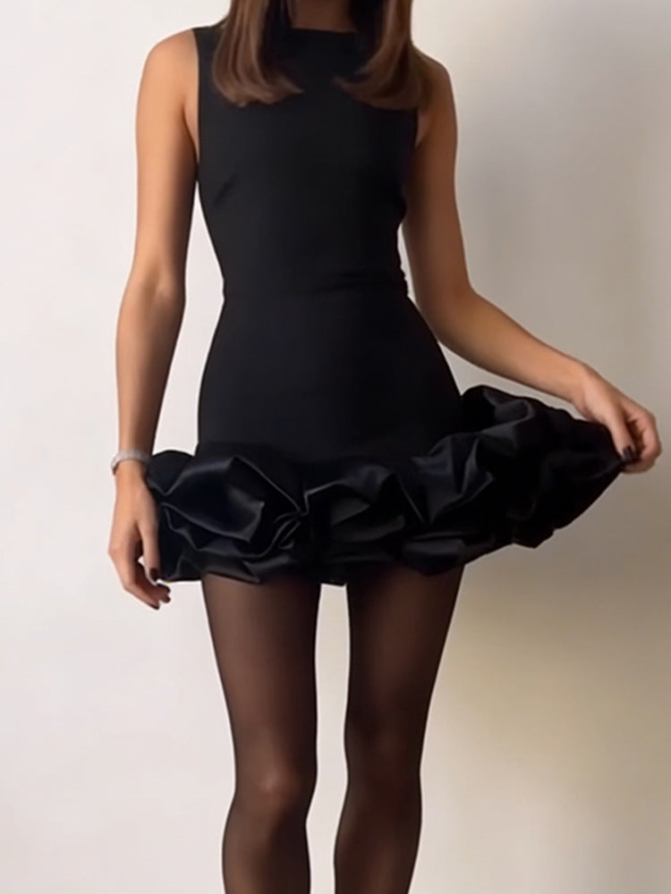 Sweet-style Ruffled-panel Bloomers Crew-neck Suspender Short Skirt