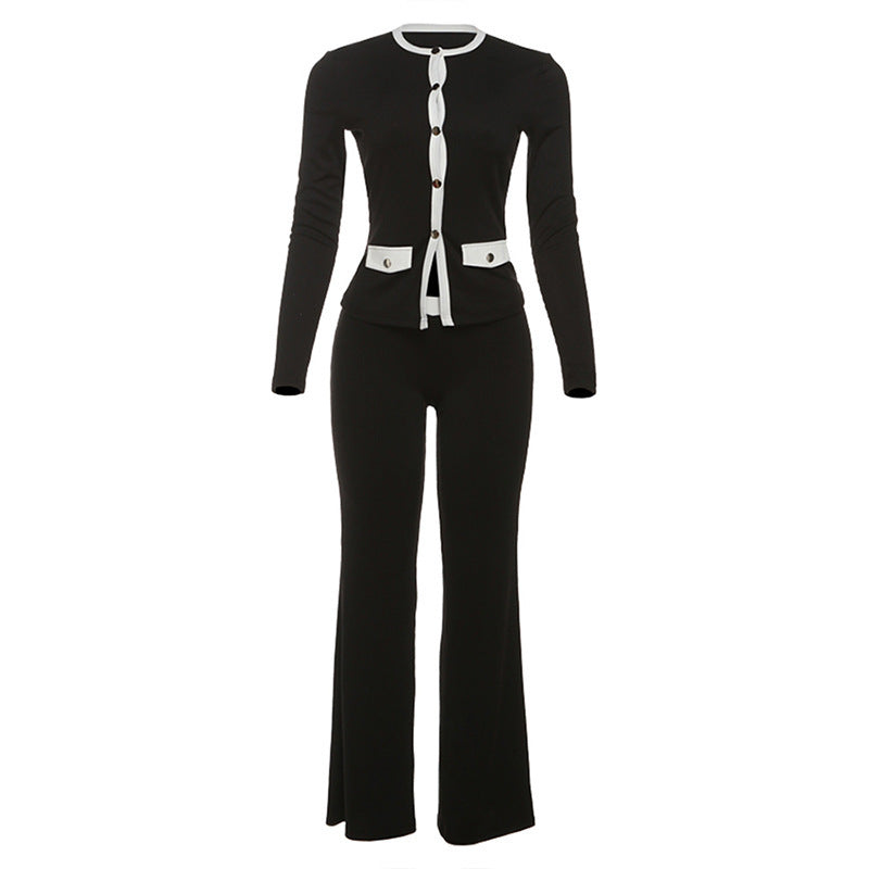 Women's Round Neck Button Contrast Color Suit