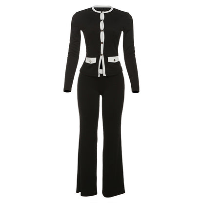 Women's Round Neck Button Contrast Color Suit