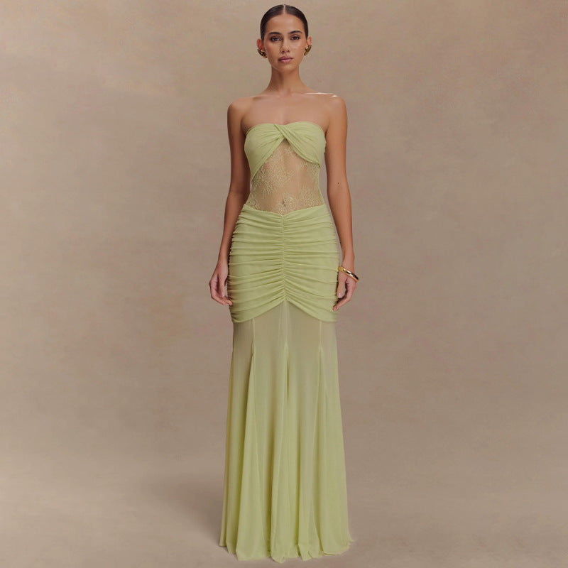Strapless Lace-panelled Asymmetrical Dress