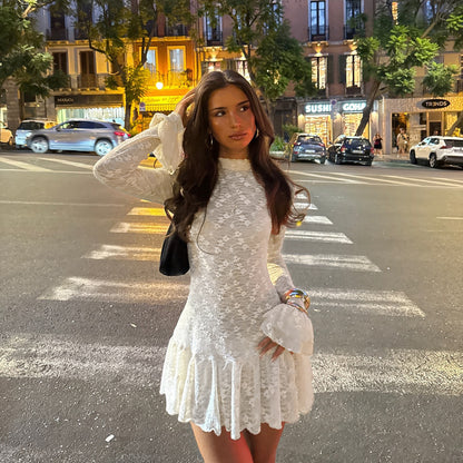 Fashionable Sexy Babe Lace Sheer Long Sleeve Dress