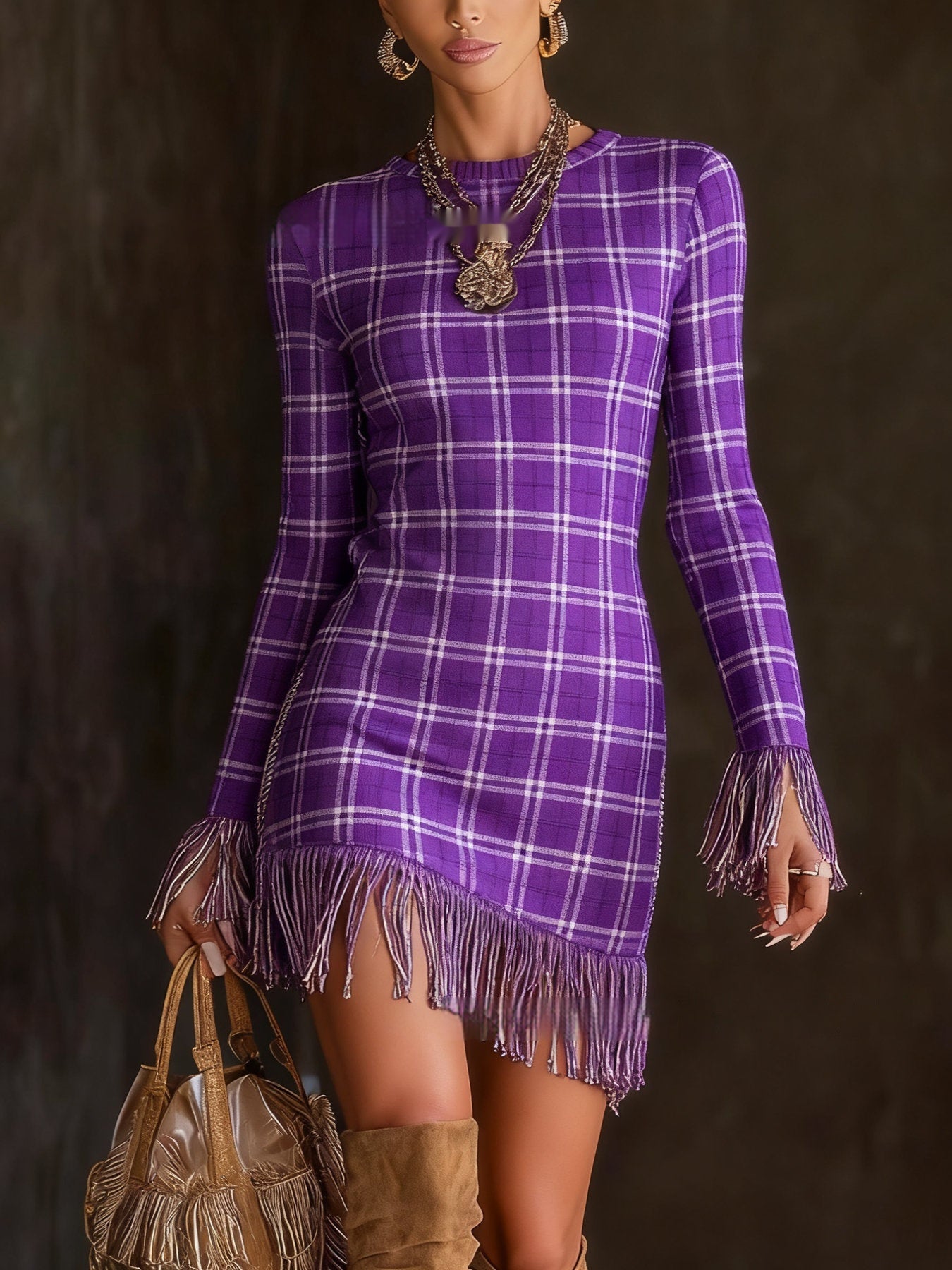 Round-neck Knitted Tassel Bodycon Dress With Digital Print