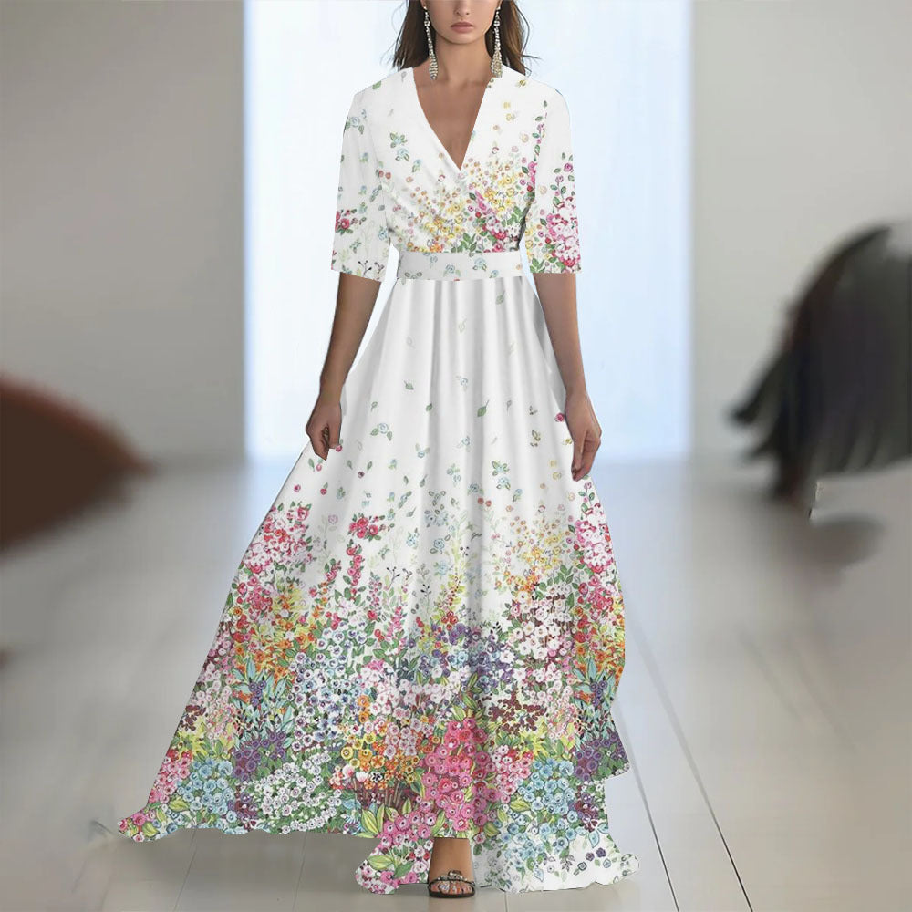 Printed Long Sleeved V-neck Patchwork Dress