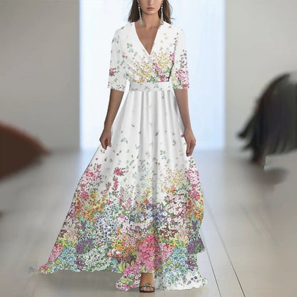 Printed Long Sleeved V-neck Patchwork Dress